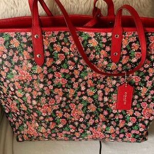 Coach Red Reversible Floral Tote Bag with insert pouch